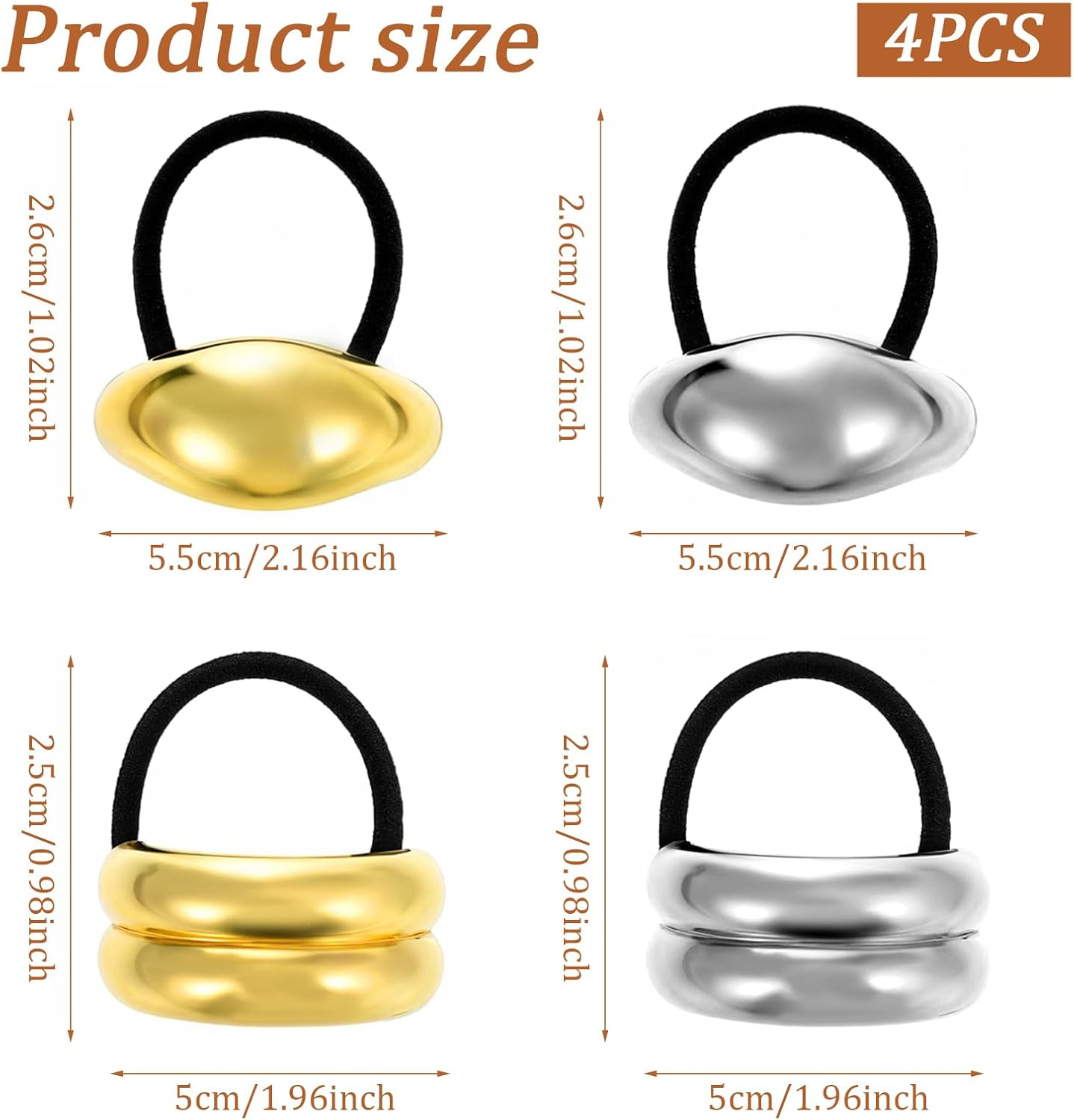 Ymapinc Pack of 4 Fashionable Women'S Hair Bands, Elastic Scrunchies, Ponytail Hair Bobbles, Durable Ponytail Holder for Women with Thick and Thin Hair (Gold, Silver) image number 3
