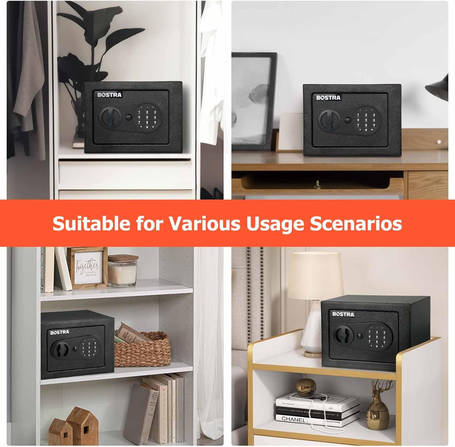 Bostra Fireproof Safe Box with Sensor Light & Fireproof Bag, Money Safe Box with Digital Keypad,Security Safe Box for Home, 0.23 Cubic Small Safe with Keys & Pass Code for Cash Jewelry Black image number 4