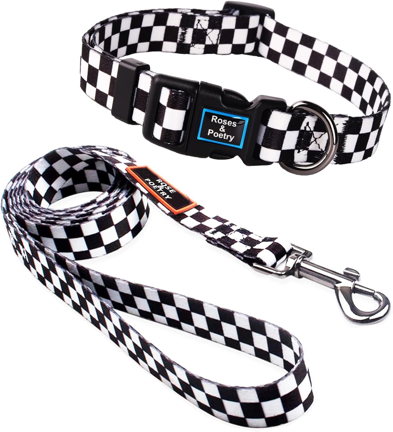 Roses&Poetry Dog Collar and Leash for Medium Large,Adjustable Durable 5Ft Puppy Leash Collar for Dog Training Lead（Black & White-M）