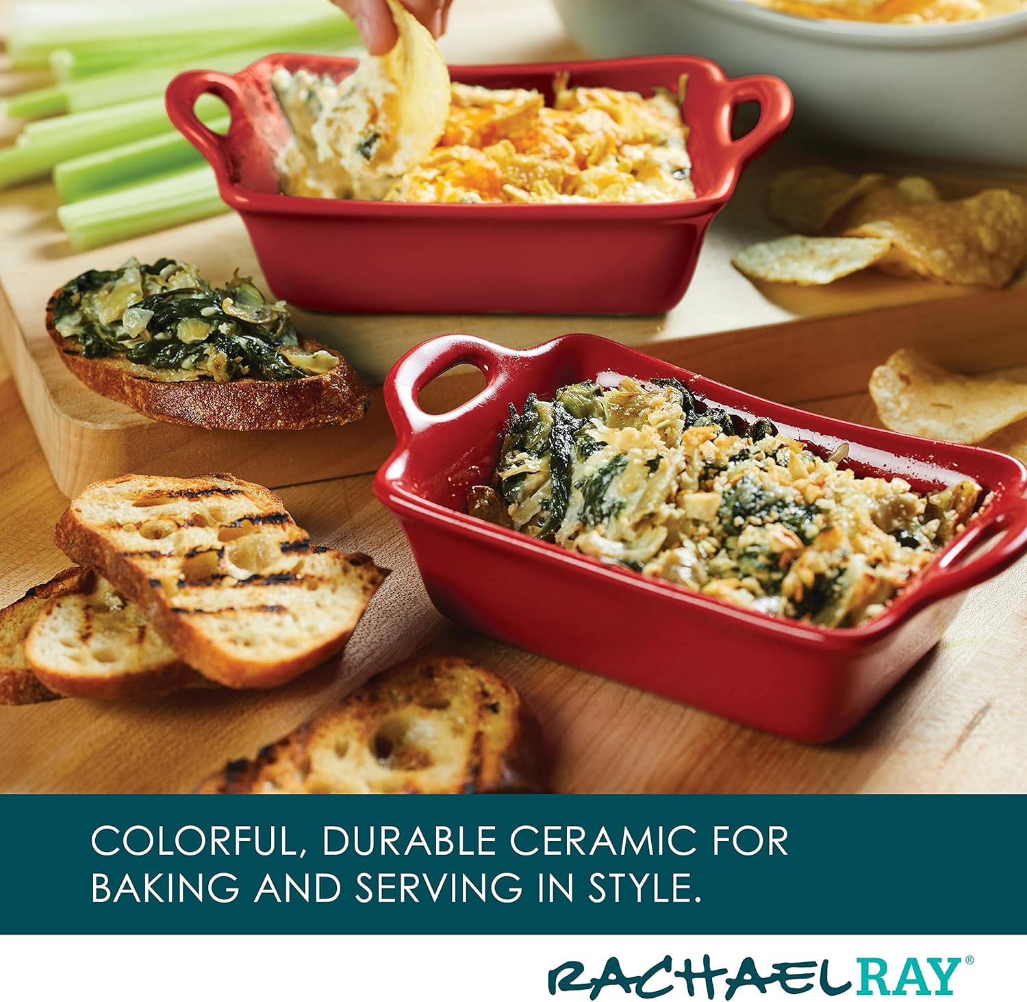 Rachael Ray Solid Glaze Ceramics Au Gratin Bakeware/Baker Set, Rectangular, 2 Piece, Red image number 6