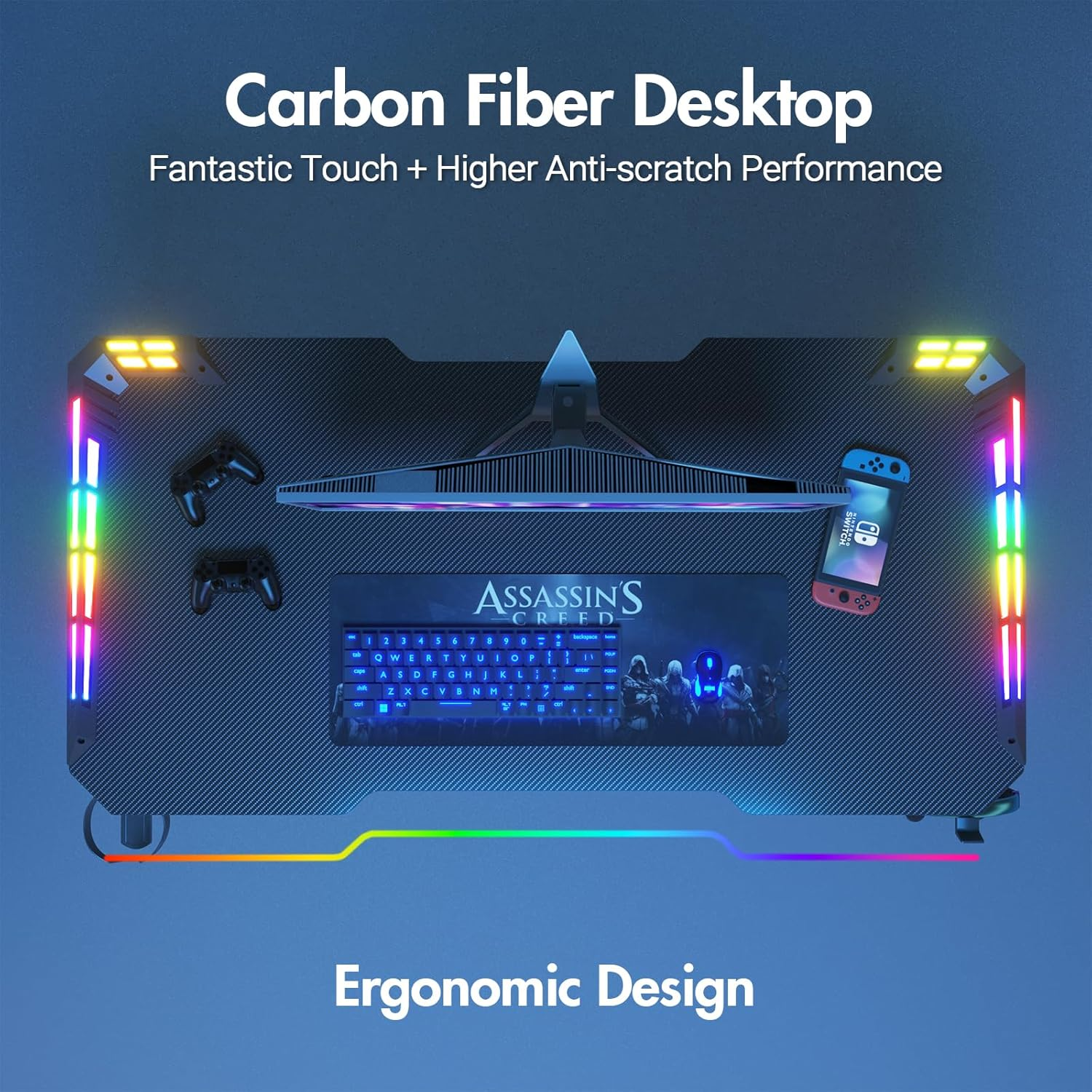 ADVWIN Black Gaming Desk 120Cm LED Gaming Workstation with RGB Light Z Shaped Computer Desk Pc Desk with Carbon Fiber Surface Cup Holder & Headphone Hook image number 2