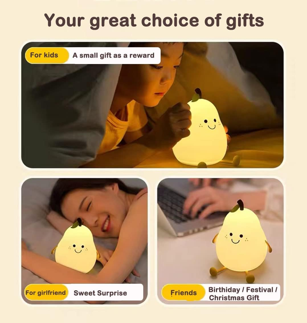 LADWOKFI Silicone Night Light Lamp Cute Pear USB 1200Mah Rechargeable Lights Bedroom with Timing Function 7 Color Dimmable Night Light Nightlights for Kids Adult Room/Bedroom Gift image number 2
