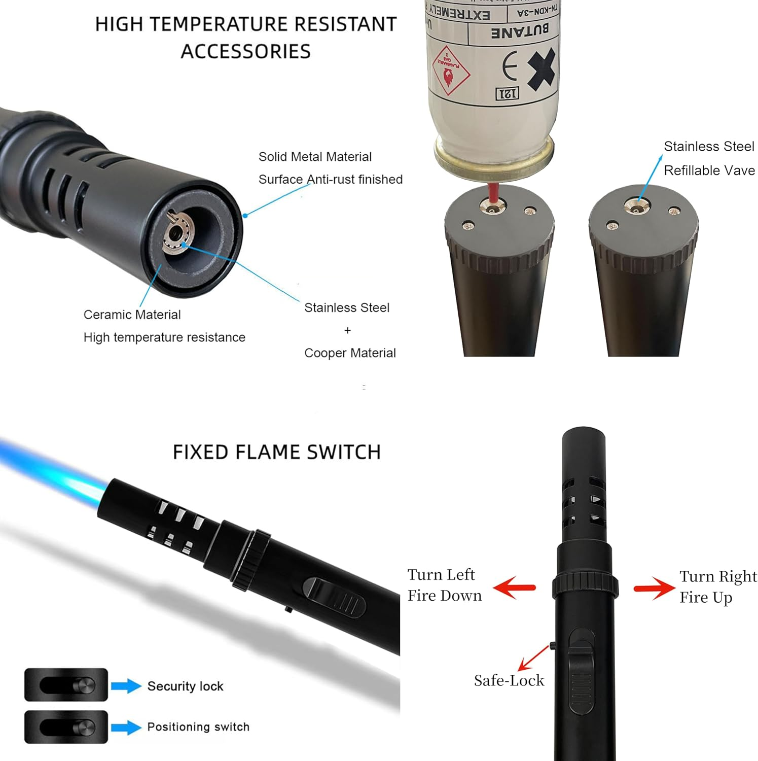 Bruda Camping Kitchen Butane Torch, Fire Starter Torch Lighter, Long Gas Refillable Blow Torch with Adjustable Jet Flame for Cooking, BBQ, Grill, Firewood, Wilderness Survival (Butane Not Included) - Black image number 3