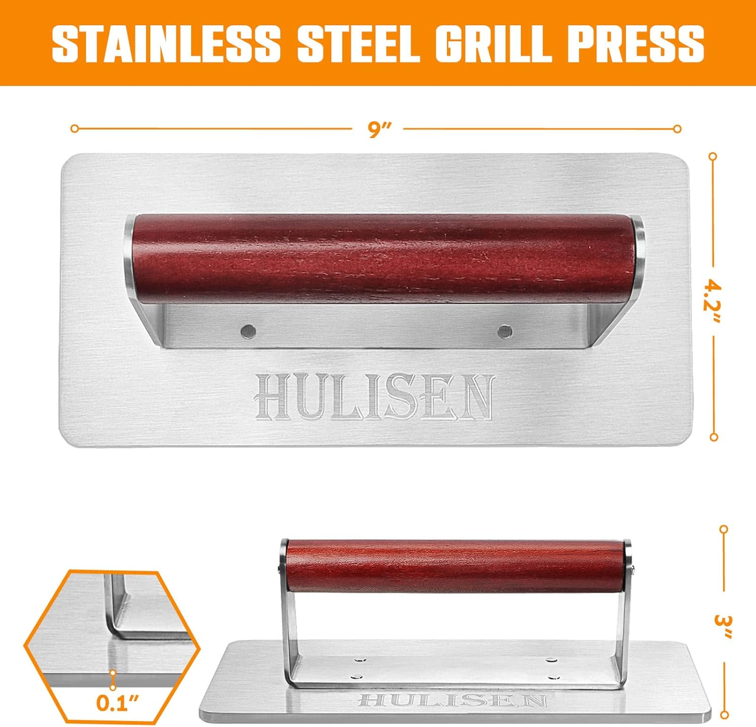 HULISEN Stainless Steel Bacon Press, 9 Inch Large Heavy Duty Burger Press with Wood Handle, Non-Stick Grill Press for Griddle, Steak Weight Griddle BBQ Accessories for Panini, Sandwiches, Gift Package image number 3