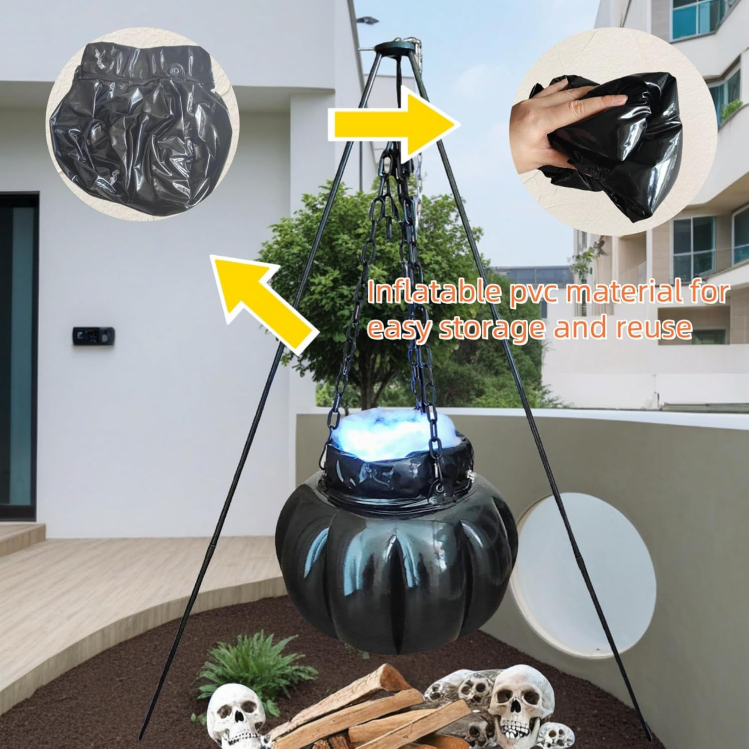 Halloween Cauldron, Inflatable Witches Bowl Candy Bucket on Tripod for Halloween Decoration image number 1