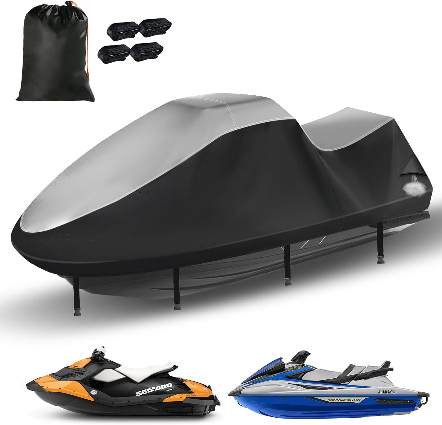 Jetski Covers,Upgraded 420D Waverunner Cover Waterproof,Durable Jet Ski Cover 3 Seater with 2 Air Vents，4 Windproof Buckles，Easy On，All Weather Universal Cover for Seadoo Spark(Black, XL:115"-120")