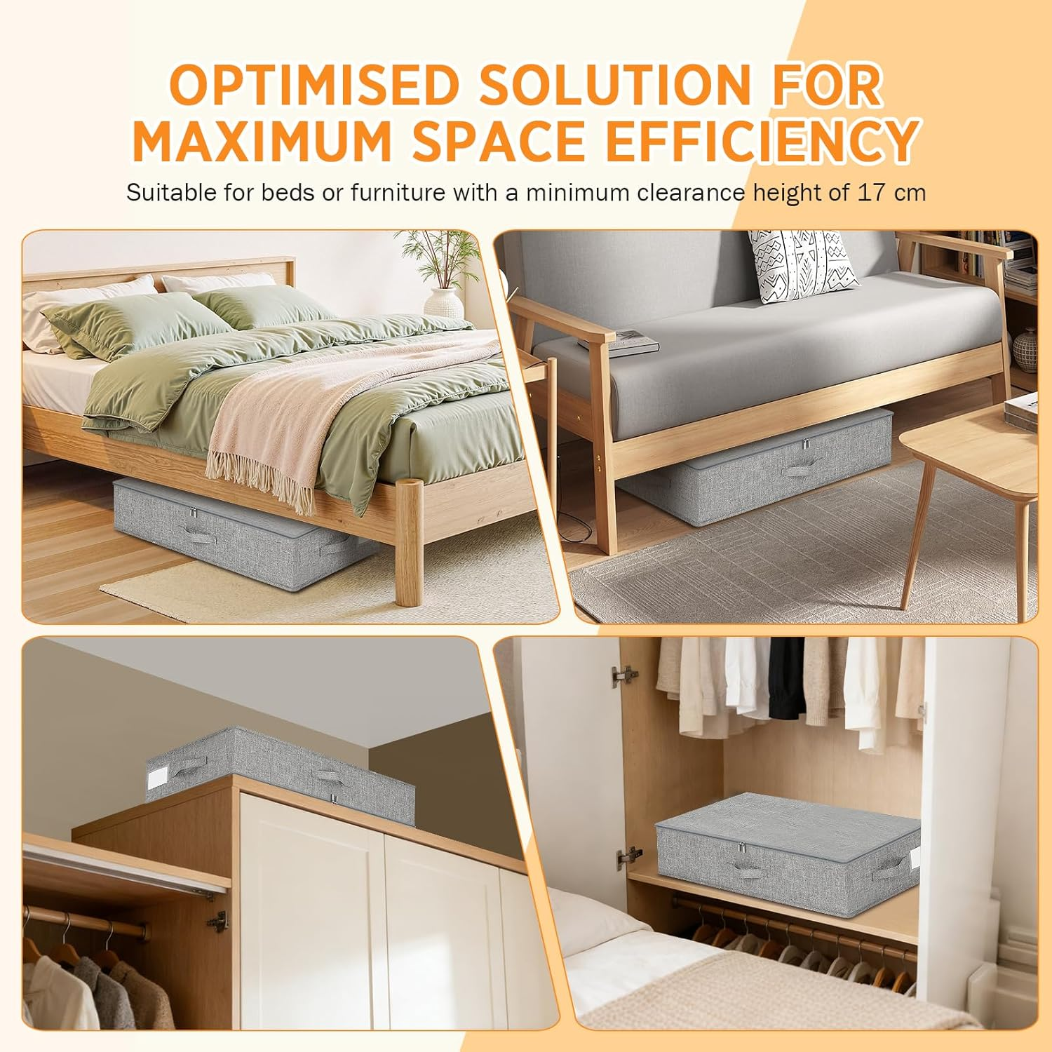 Romon Storage Box with Lid, Pack of 2, 50 L Underbed Storage and Organisation, Made of Reinforced Linen for Dresses and Bedding, Foldable Large Underbed Storage with Label Compartment, Grey image number 2