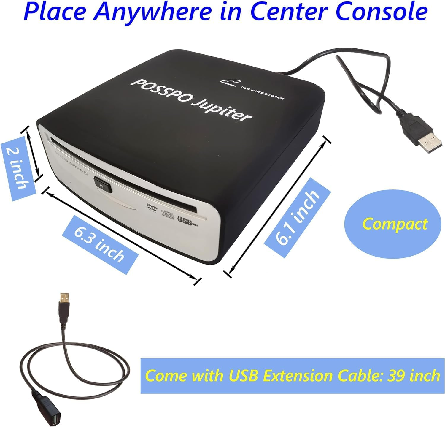 POSSPO Jupiter CD DVD Player for Car with USB Port, Portable External CD Player That Plugs into Car Laptop Desktop TV Mac Computer, Plug & Play &ndash;Upgraded with Extra USB Extension Cable image number 3