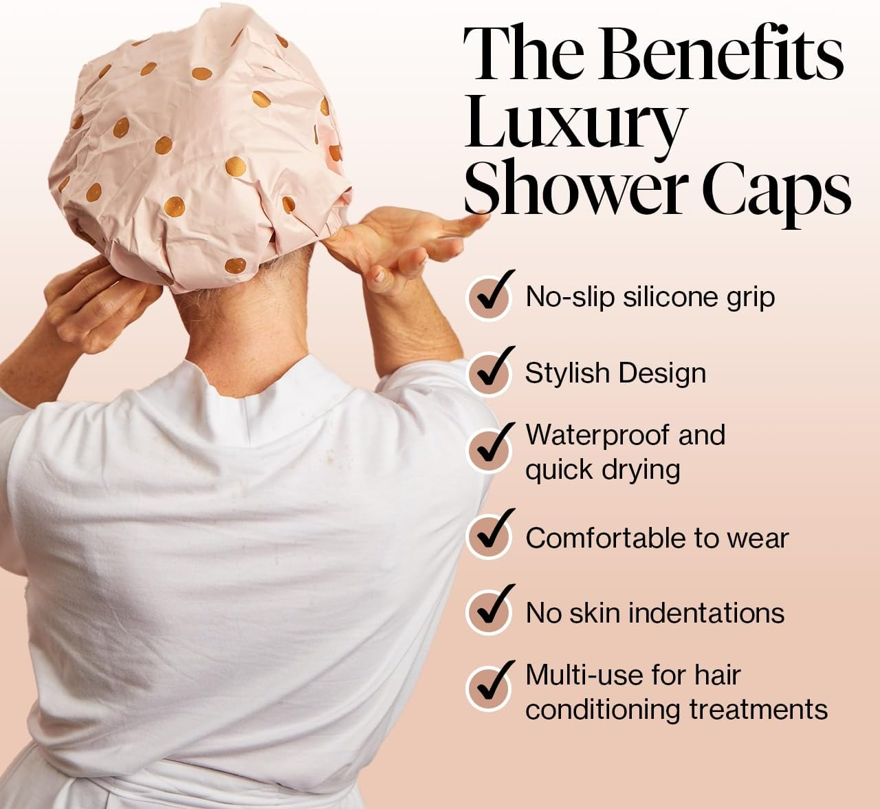 Kitsch Luxury Shower Cap for Women - Reusable Shower Cap for Long Hair with Non Slip Silicone Grip | Waterproof Hair Cap for Shower One Size | Stylish Hair Cover for Shower (Blush Dot) image number 6
