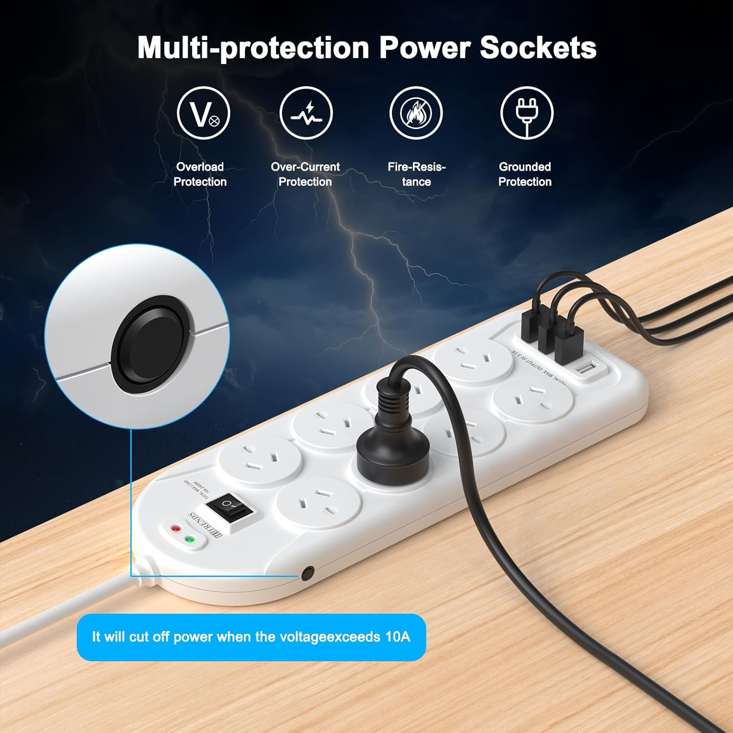 Power Board Surge Protected, Power Strip with 8 AC Outlets and 4 USB Charging Ports, USB Power Board with 1.5M Extension Cord, Wall Mount for Home Office - Black image number 7