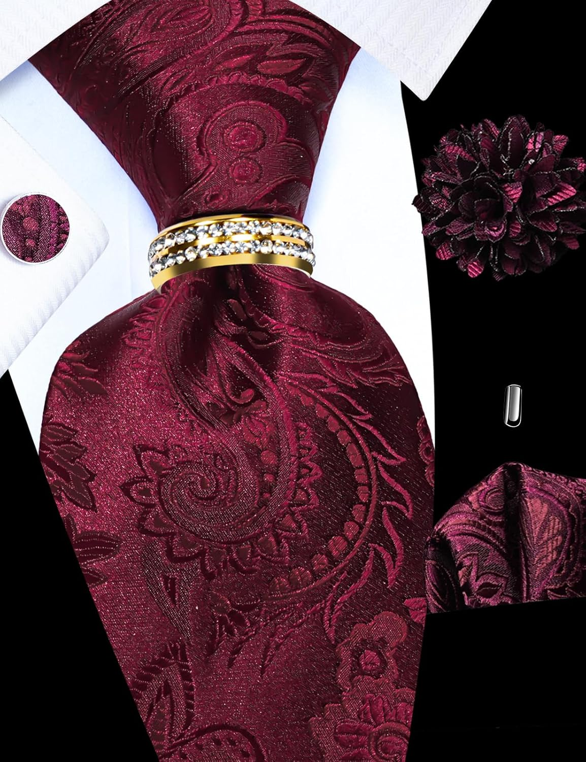 5PCS Paisley Tie and Pocket Square for Men, Silk Tie Handkerchief Cufflinks with Drilled Tie Ring and Lapel Pin Set image number 5