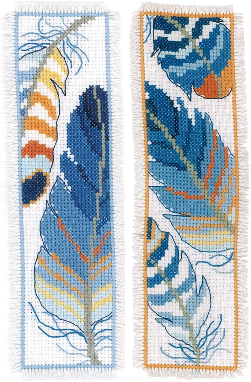 Vervaco PN-0170379 Blue Feathers Set of 2 Bookmarks Embroidery Kit Counted Pattern Cotton Multi-Coloured Approx. 6 X 20 Cm / 2.4 X 8 Inches image number 1