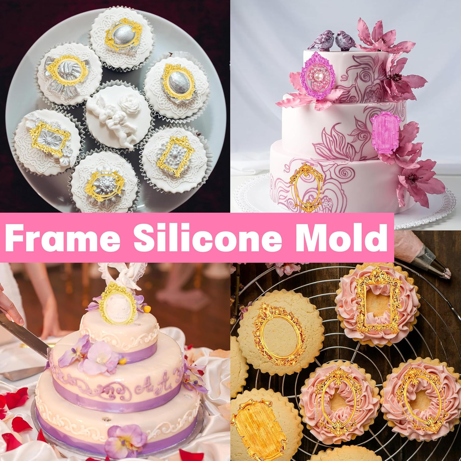 4Pcs Pink Silicone Photo Frame Fondant Molds,Baroque Style Curlicues Scroll Lace Photo Frame Fondant Molds,Mirror Silicone Molds Cupcake Topper Mirror Photo Frame Fondant Mold for Cake Decorating