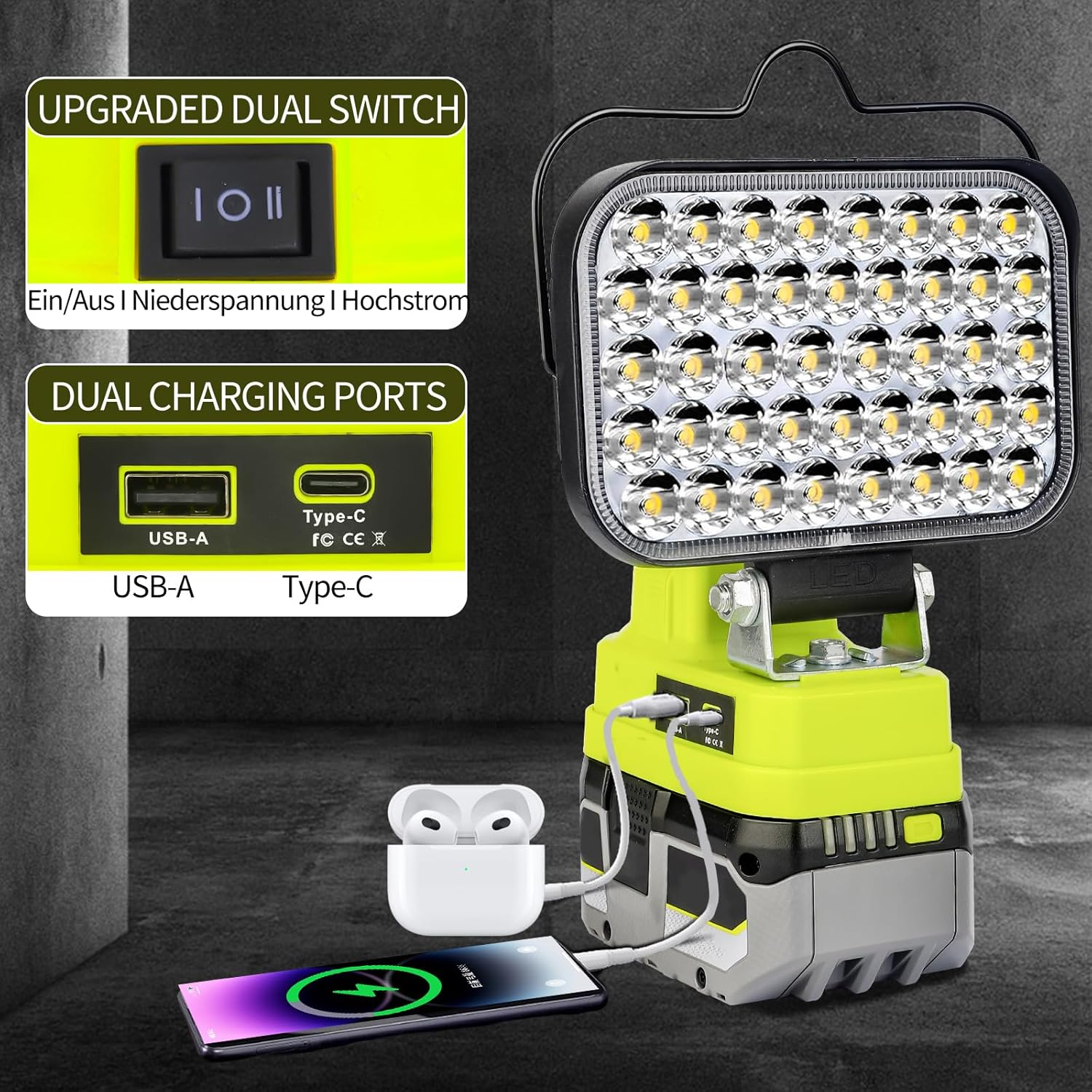 Work Light for Ryobi 18V Battery,84W 8000LM Portable Cordless Floodlight with Usb&Type C Charging Port for Emergency Lighting,Led Spotlight for Camping,Fishing,Workshop image number 2