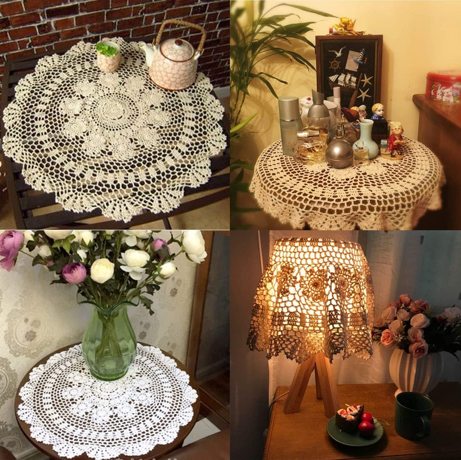 Damanni White Cotton Handmade Crochet Lace Tablecloth Doilies Table Overlay,Round,23 Inch,2Pcs image number 2