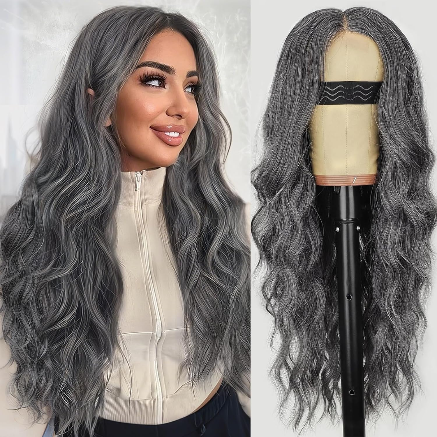 Jnilygo Gray and White Wig for Women, Long Wavy Lace Hairline Middle Part Synthetic Heat Resistant Wig for Daily Party-26 Inch image number 2