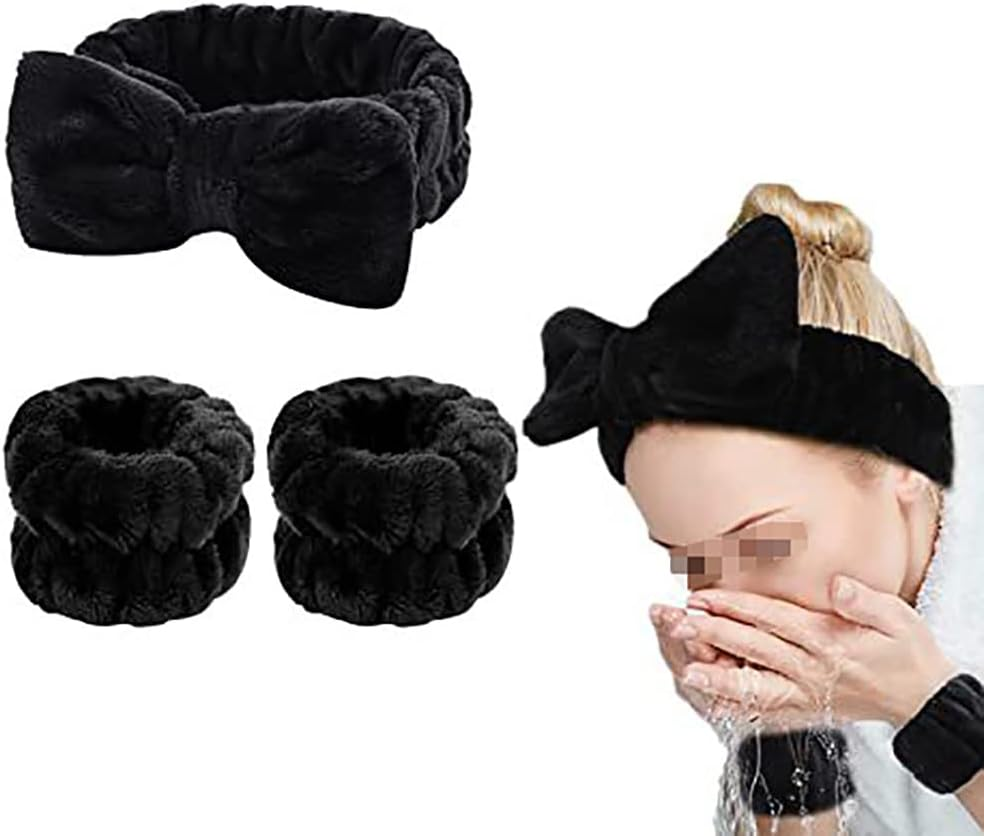 3 Piece Spa Headband and Bracelet Face Headband Wrist Wash Bands Set Soft Makeup Hair Band Fluffy Cosmetic Headband Grey
