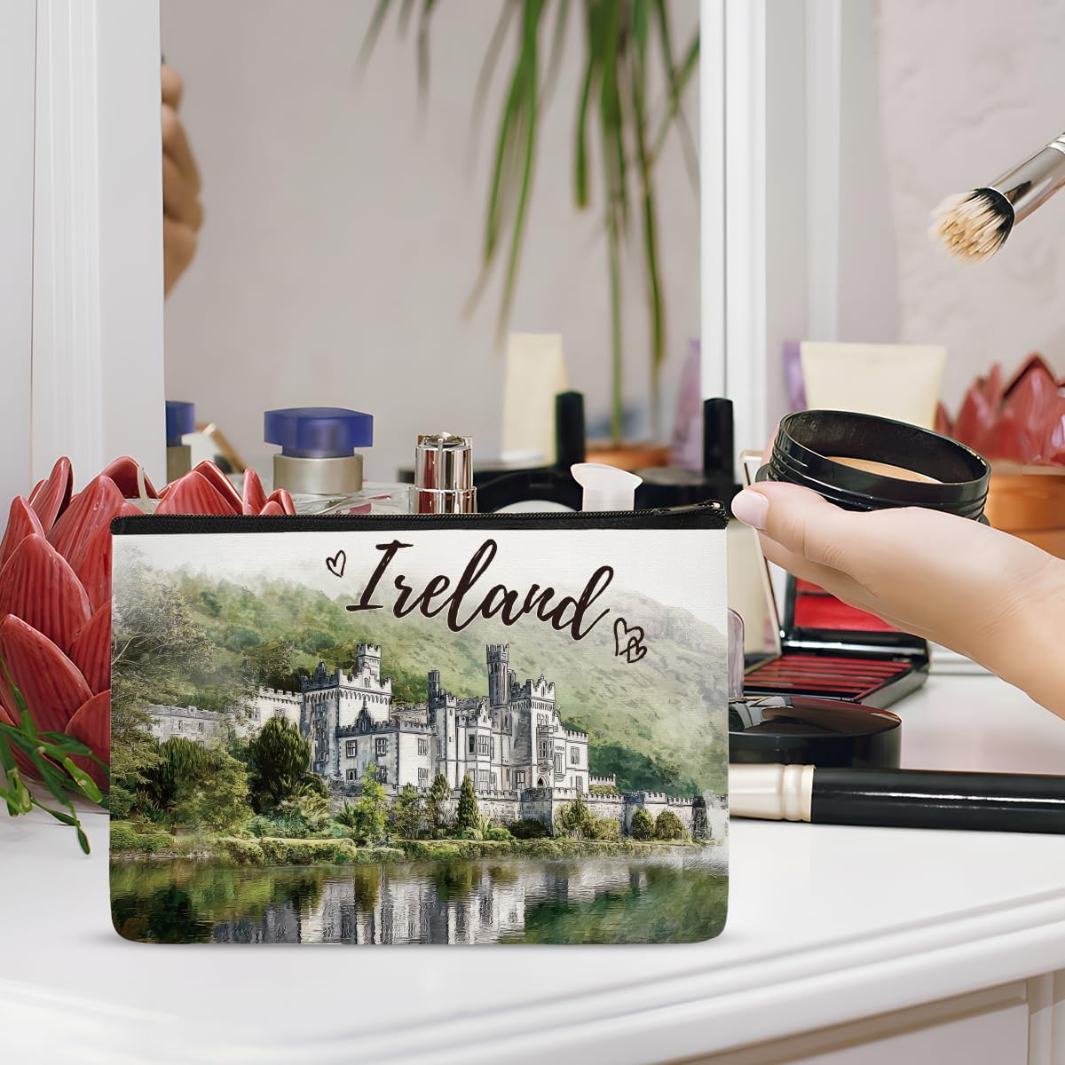 Kylemore Abbey Ireland Makeup Bag Gifts &ndash; Ireland Travel Essentials Watercolor Cosmetic Bag, Irish Gifts for Women Girls, Zipper Toiletry Pouch, Irish Souvenir Organizer Waterproof Linen image number 2