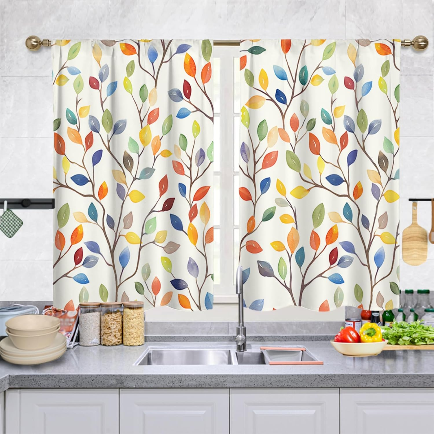Floral Rustic Kitchen Curtains - Farmhouse Botanical Tier Drapes Kitchen Window Curtains 39 Inch X 27.5 Inch, Colorful Leaves Rod Pocket, 2 Panels Set (Cafe/Country Decor)