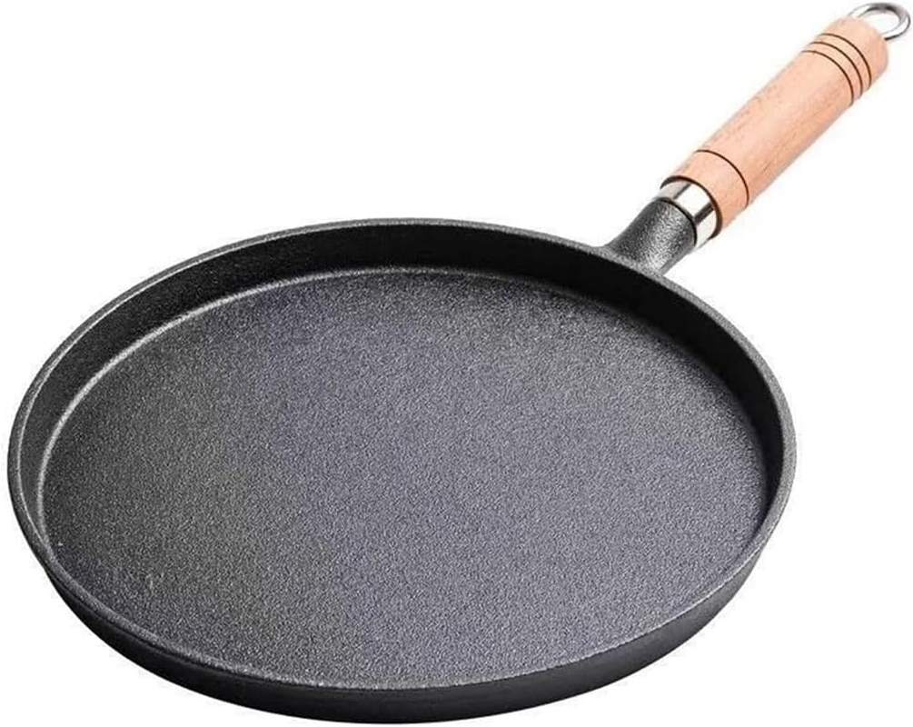 Cast Iron Skillet Pancake Pan round Griddle Thick Nonstick Egg Frying Pan Tortilla Crepe Pans Anti-Scalding Wooden Handle Uncoated 26Cm image number 2