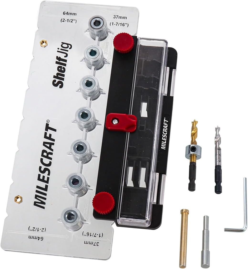 Milescraft 1343 Shelf Jig &ndash; Create 1/4&rdquo; Inch and 5Mm Shelf Pin Holes for Cabinets, Standard 32Mm Spacing, Shelf Pin Jig Includes Two Drill Bits image number 2