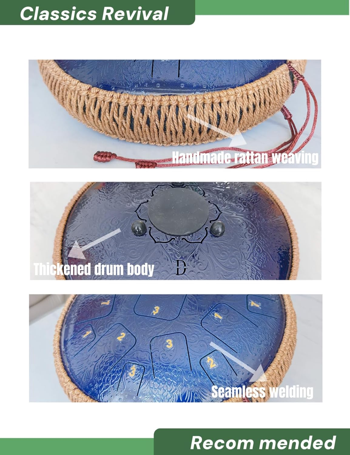 2025 New Steel Tongue Drum - 14 Inch 15 Notes with Laser Carving & Etching Craft Tongue Drum Rain Drum for outside - Hand Pan with Music Book Drum Mallets and Carry Bag for Family and Friends (BLUE) image number 5