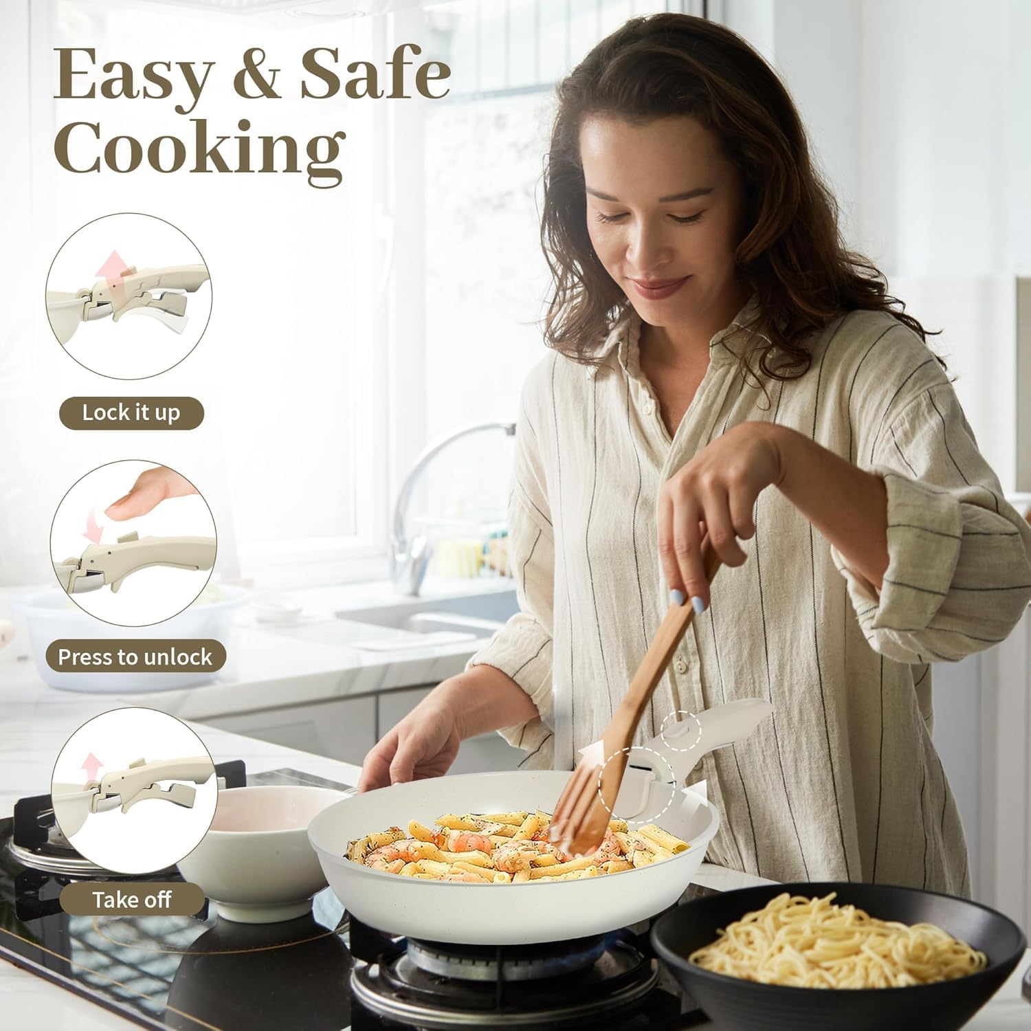 Pots and Pans Set Non Stick, 15Pcs Kitchen Cookware Sets, Dishwasher/Oven/Fridge Safe, Space Saving Pots Set, Nonstick Set with Versatile Detachable Handle, Induction RV Set, Cream (Cream Color) - Black image number 2