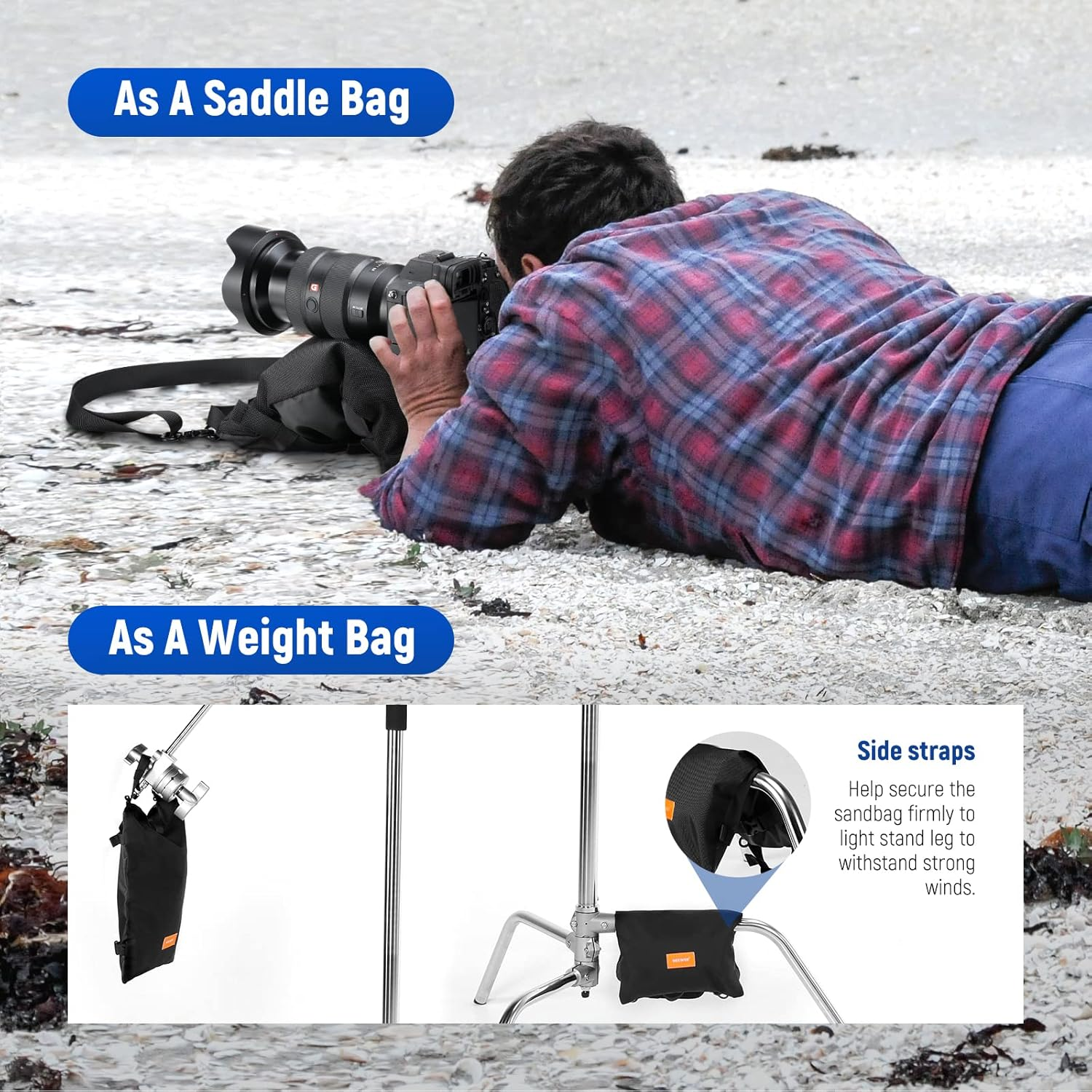 NEEWER Sandbag for Photography, 15.5"X9.4" Foldable Handheld Storage Bag with Shoulder Strap, Heavy Duty Polyester Saddlebag/Beanbag/Tripod Weight Bag for Camera Lens Support & Light Stands Boom Arms