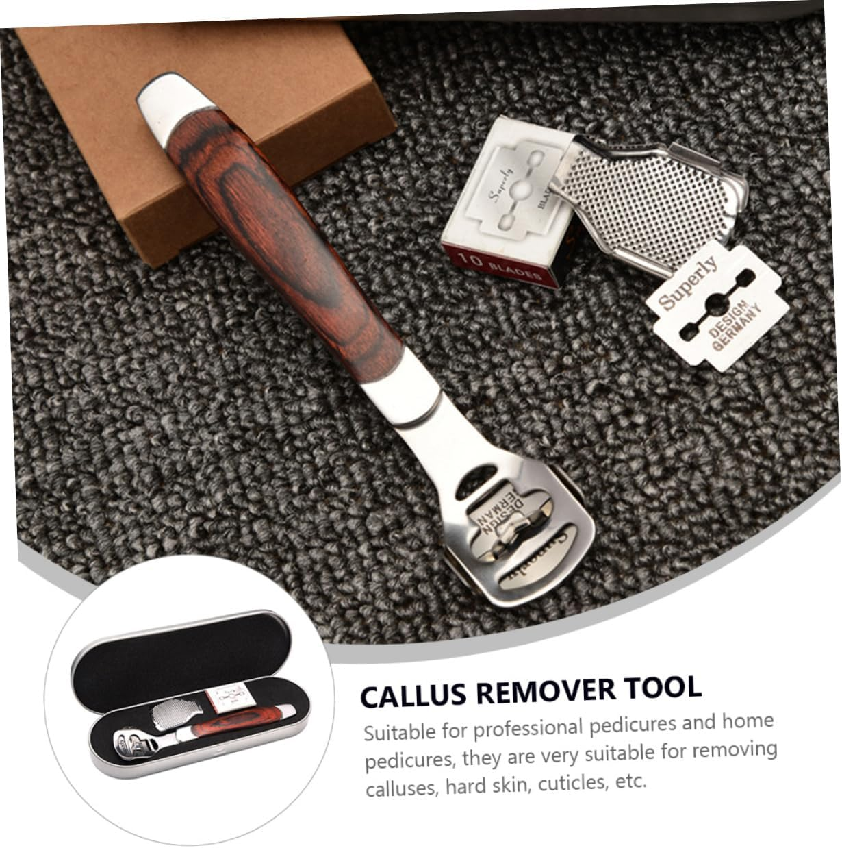 Baluue Stainless Steel Foot File Scraper Set (3 Pieces) Dead Skin Remover Callus Remover Tool Pedicure Kit for Men and Women Sturdy Easy to Use Comes in Assorted Color Wooden Box image number 1