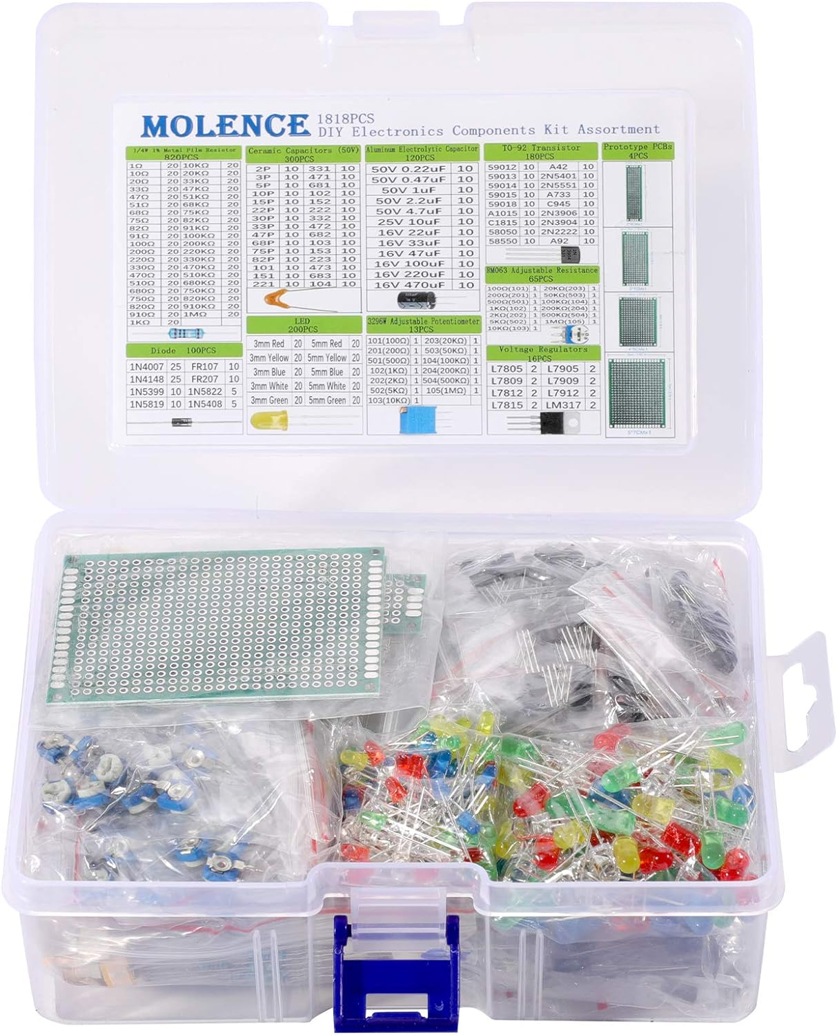 DIY Electronics Components Kit Assortment, Resistors 1818PCS, LED, Triode, Capacitors, Diodes, PCB, Potentiometer, Variable Resistance, Stabilivolt for Arduino UNO MEGA2560 Raspberry Pi MCU image number 5