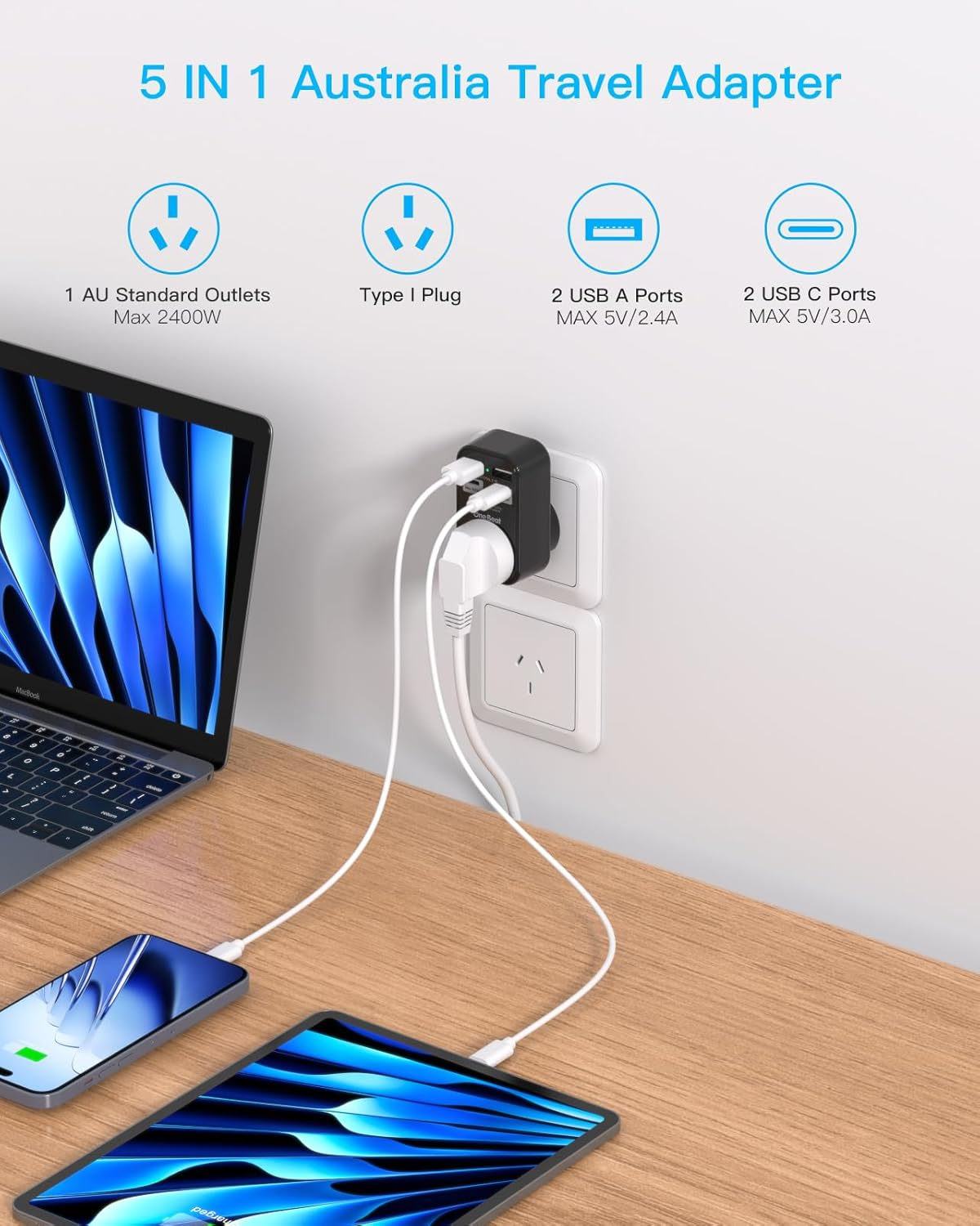 One Beat Power Board,Power Strip with 4 USB Ports(2 Usb-C),No Cord Extension Cord,Travel Power Plug,Travel Adapter Wall Plug,Cruise Essentials for Home,Office,Bedroom(Type I)-Black