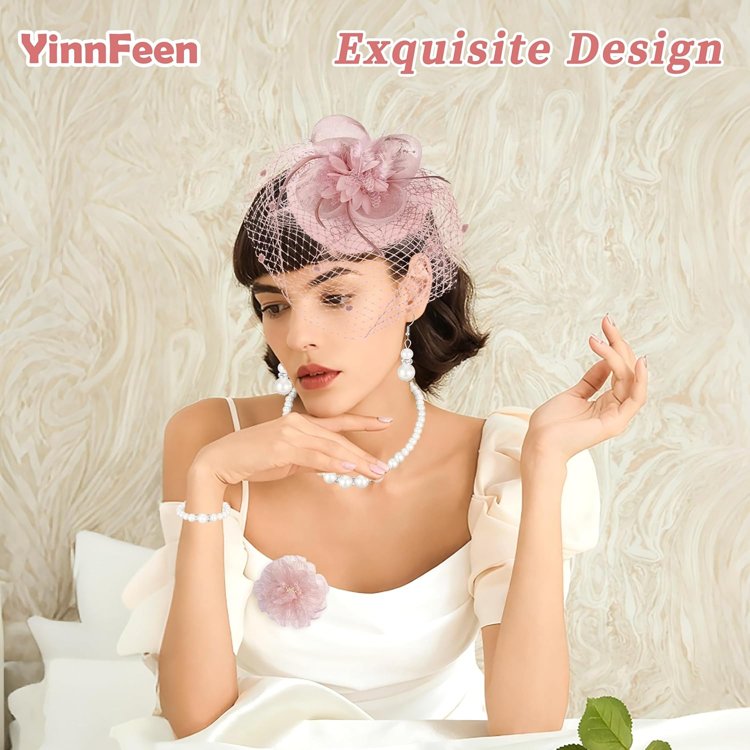 Yinnfeen 6 Pcs Tea Party Fascinators Hat for Women, Mesh Veil Headband with Pearl Necklace Earring Bracelet Lace Glove Brooch image number 2