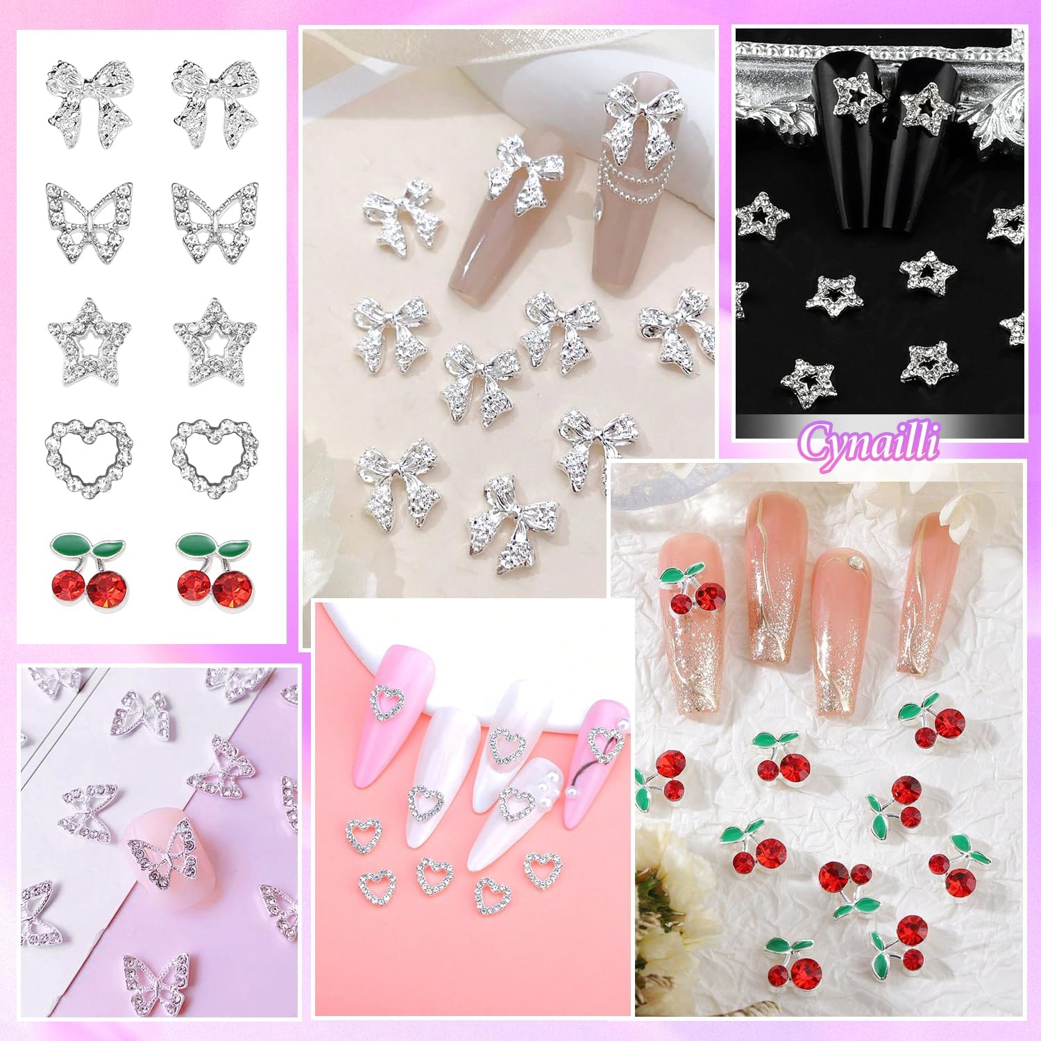 3D Nail Charms and Gems, White Flower Nail Pearls, Polar Clear Butterfly Bear Bows Nails Art Charm, Silver Cherry Star Heart Studs Jewelry Charms for Nails Art Design - Color-Set1 image number 3