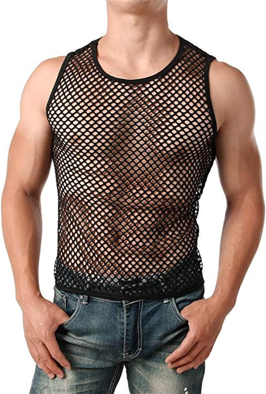 Men'S Mesh Sleeveless Vest See through Fishnet Muscle Vest Underwear Crewneck Hollow Out Tank Workout Casual Tee Tops image number 2