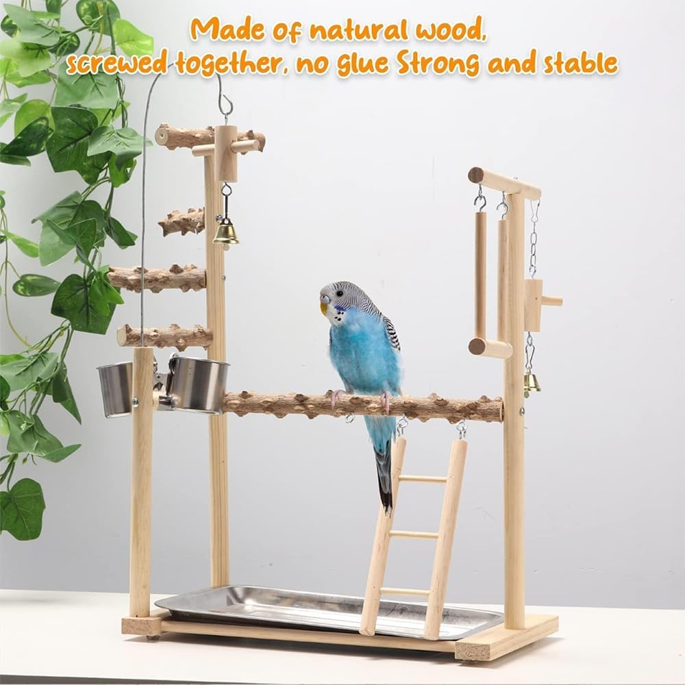 Bird Playground, Parrot Playstand with Wooden Perch, Ladder Feeder Cups and Hanging Bells Level Stand Ladder Cage Swings, Bird Toys Swing Exercise Life Activity Center Training Stand image number 6
