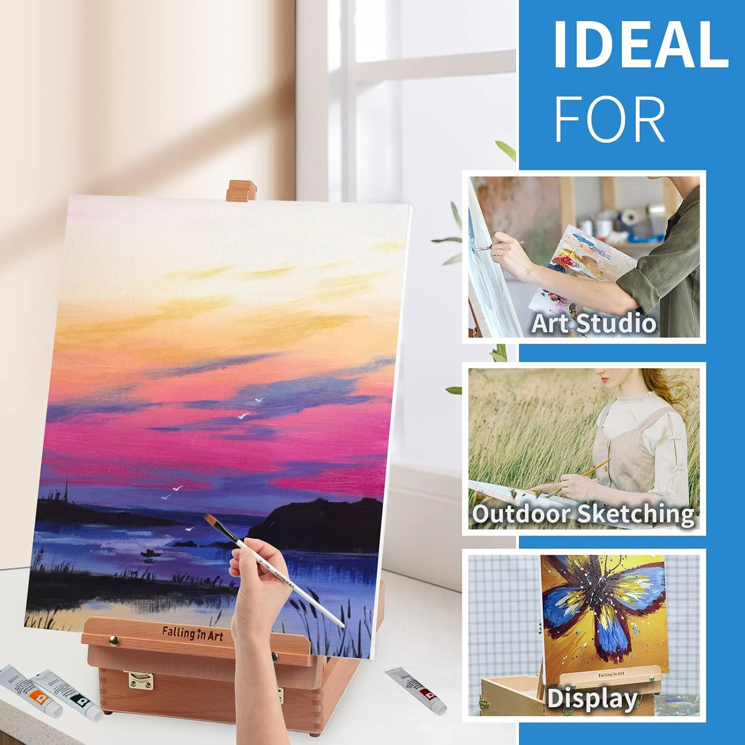 Falling in Art Wooden Tabletop Easel, Solid Wood Sketchbox Desktop Easel for Painting, Portable Art Drawing Easel for Beginners and Professionals image number 5