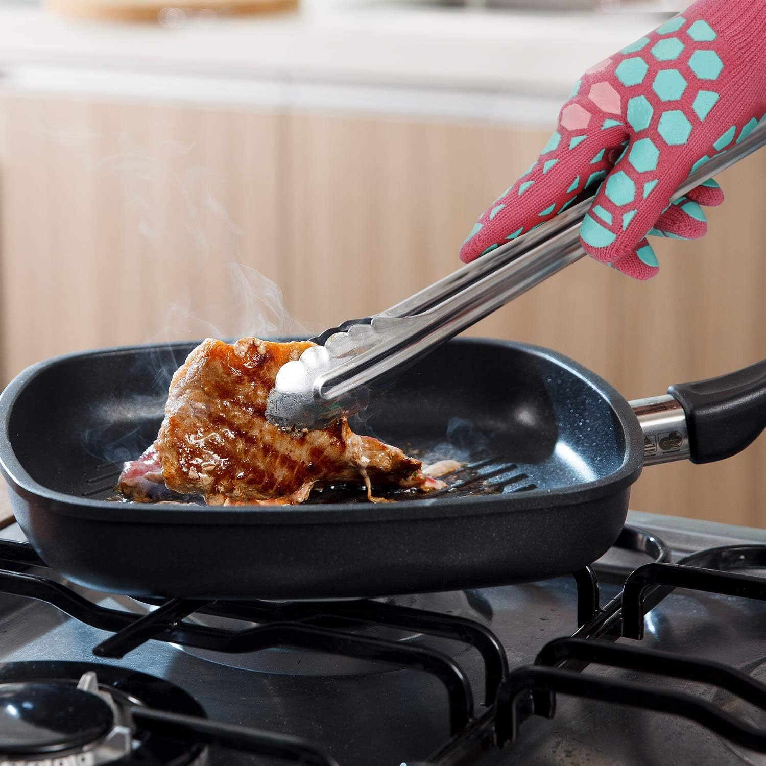 J H Heat Resistant Oven Mitts: EN407 Certified 932 &deg;F, 2 Layers Silicone Coating, BBQ & Oven Gloves for Cooking, Kitchen, Fireplace, Grilling (Women Fits All, Coral Shell with Turquoise/Pink Coating)