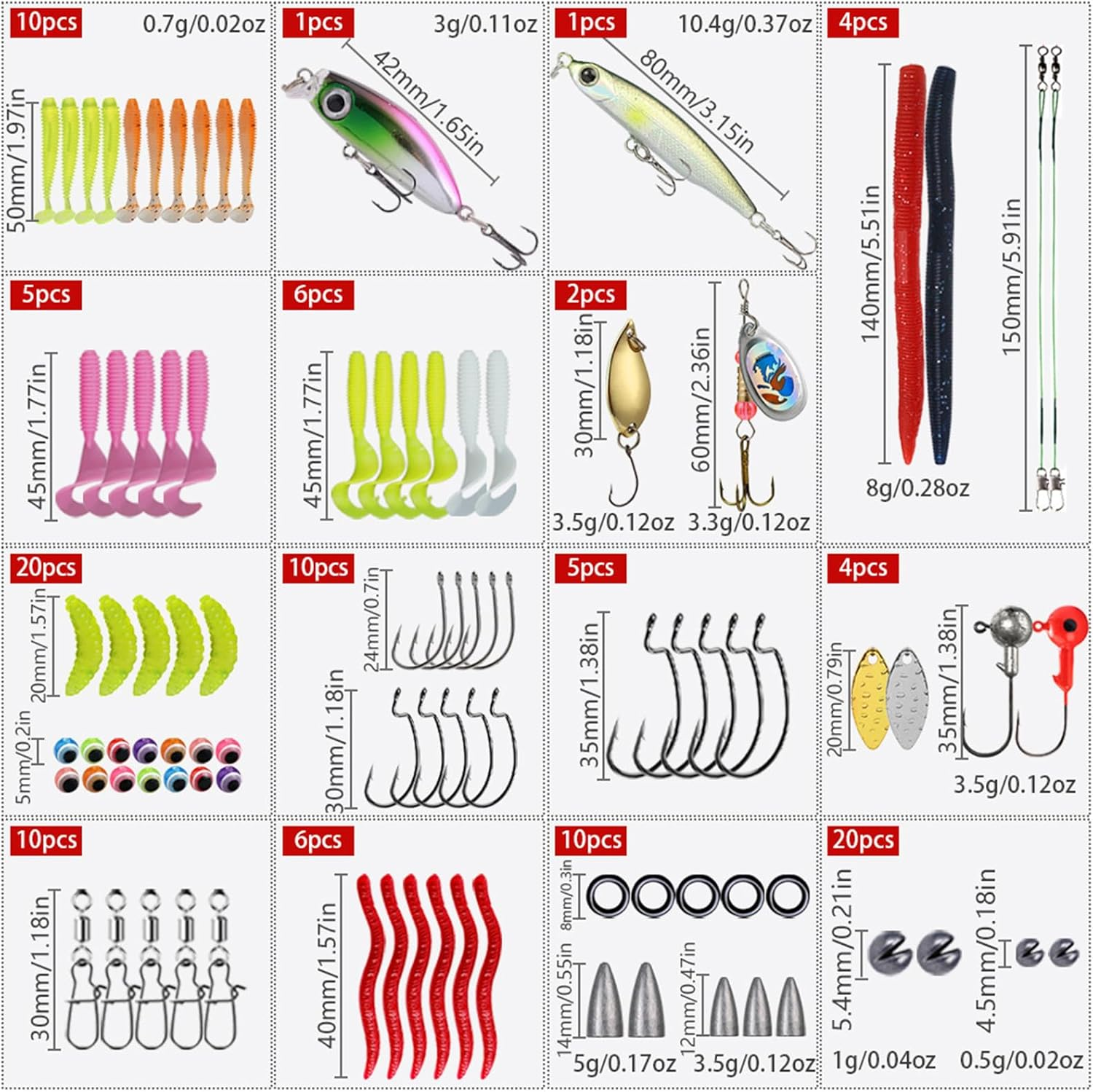 Roseflower 114 PCS Fishing Lure Set, Includes Hard and Soft Bait, Curly Tail Maggot/Double Tail Maggot, Fish Hooks, Minnow, Spinnerbait, Spoon, Freshwater Saltwater Fishing Equipment image number 4