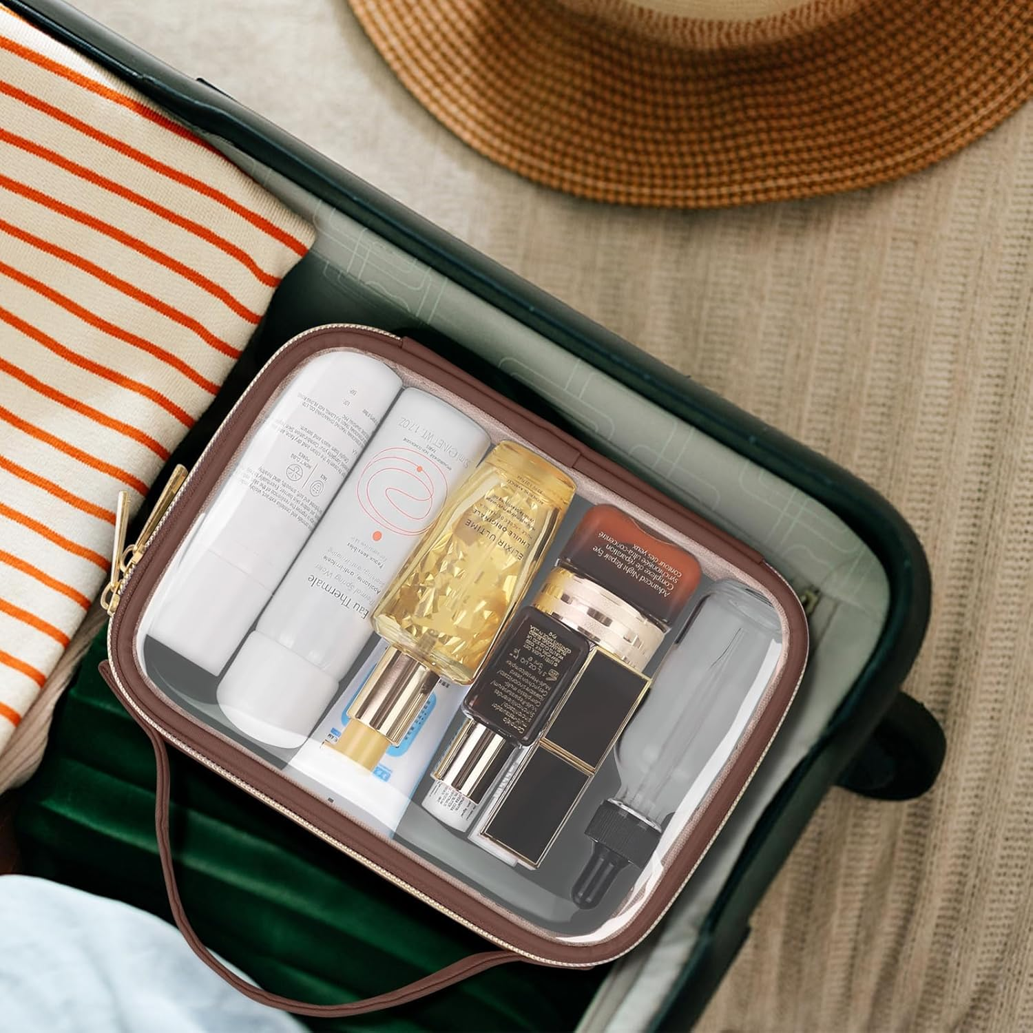 TSA Approved Toiletry Bag, 2 Pack Clear Makeup Bags with Handles, Quart Size PVC Clear Cosmetic Bags for Women and Men, Carry on Airport Airline Compliant Bag, Brown image number 4