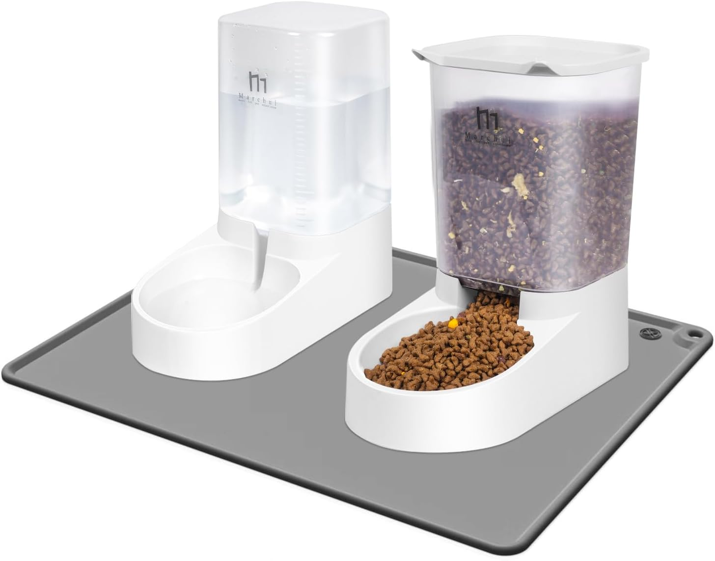 Marchul Pet Feeder and Water Dispenser Set, Automatic Gravity Cat Food Dispenser and Water Bowl, Dog Feeder with Scoop Sponge Brush, Big Capacity 3.8L image number 1