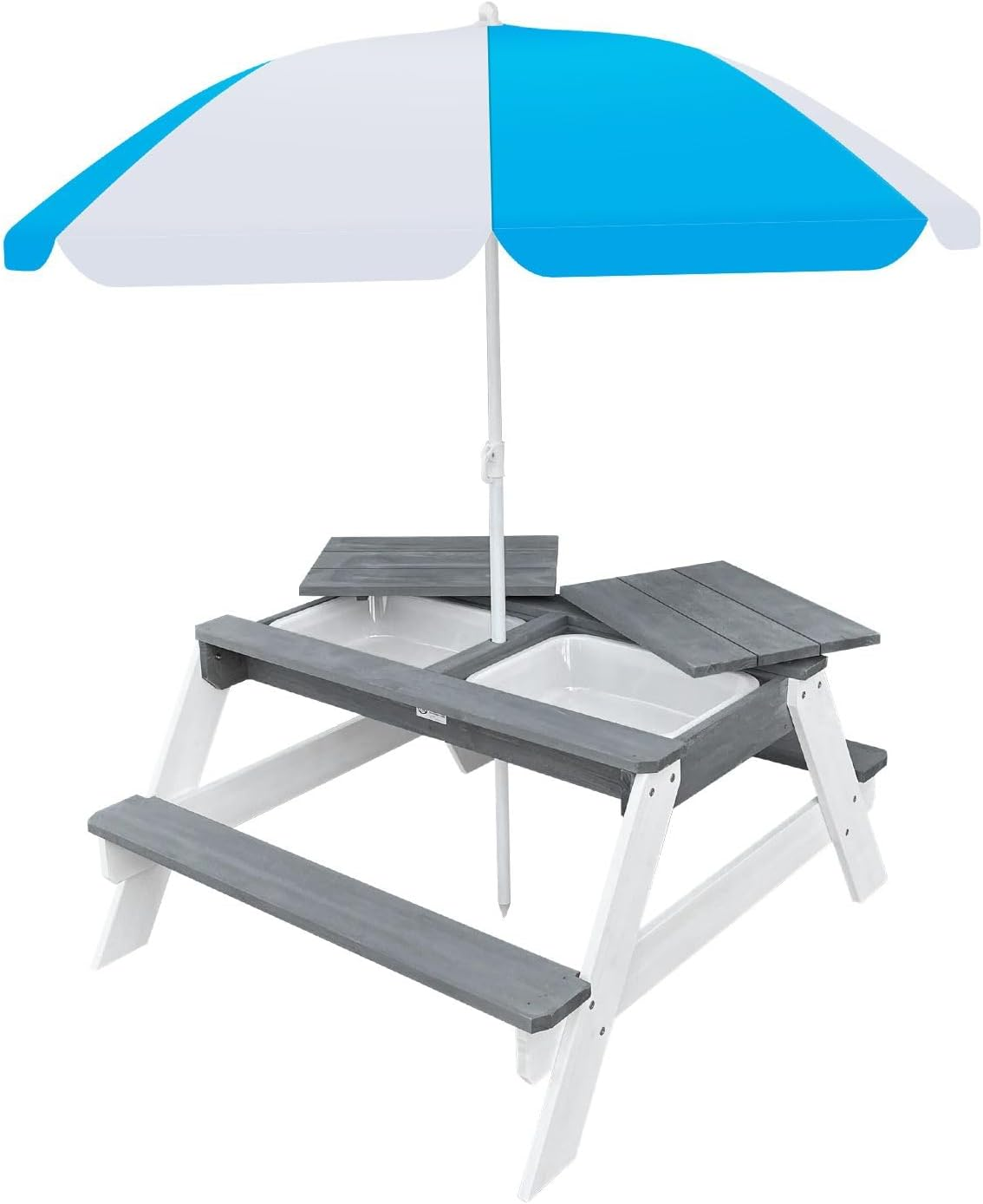 Kids Sand Water Table Chairs Set 3In1 Childs Outdoor Activity Desk Bench Childrens Picnic Craft Furniture Wooden Sensory Play Centre with Umbrella