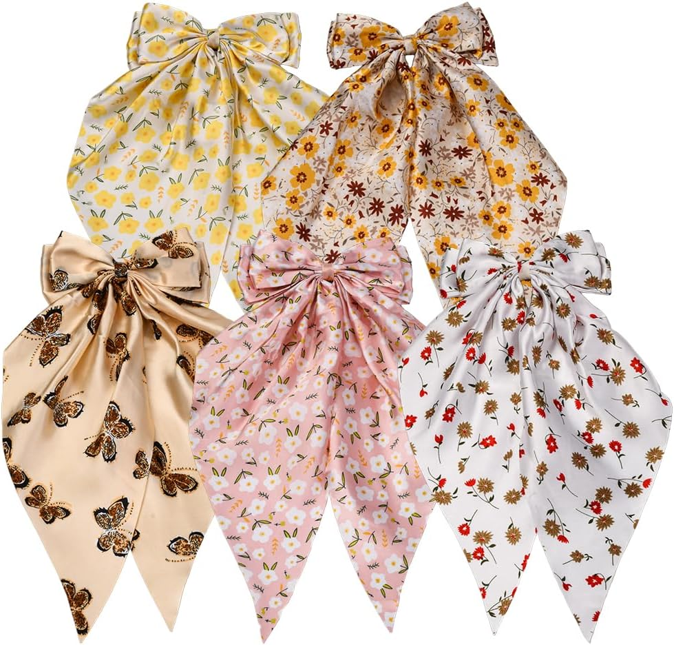 SOFPLATE 1 Box 5 Styles Women'S Hair Bow Coquette Bows Large Quantity Soft Ribbon Long Tail Floral Pattern Spring Butterfly Sun Flowers Bow Hair Clips for Women Everyday Wear image number 6