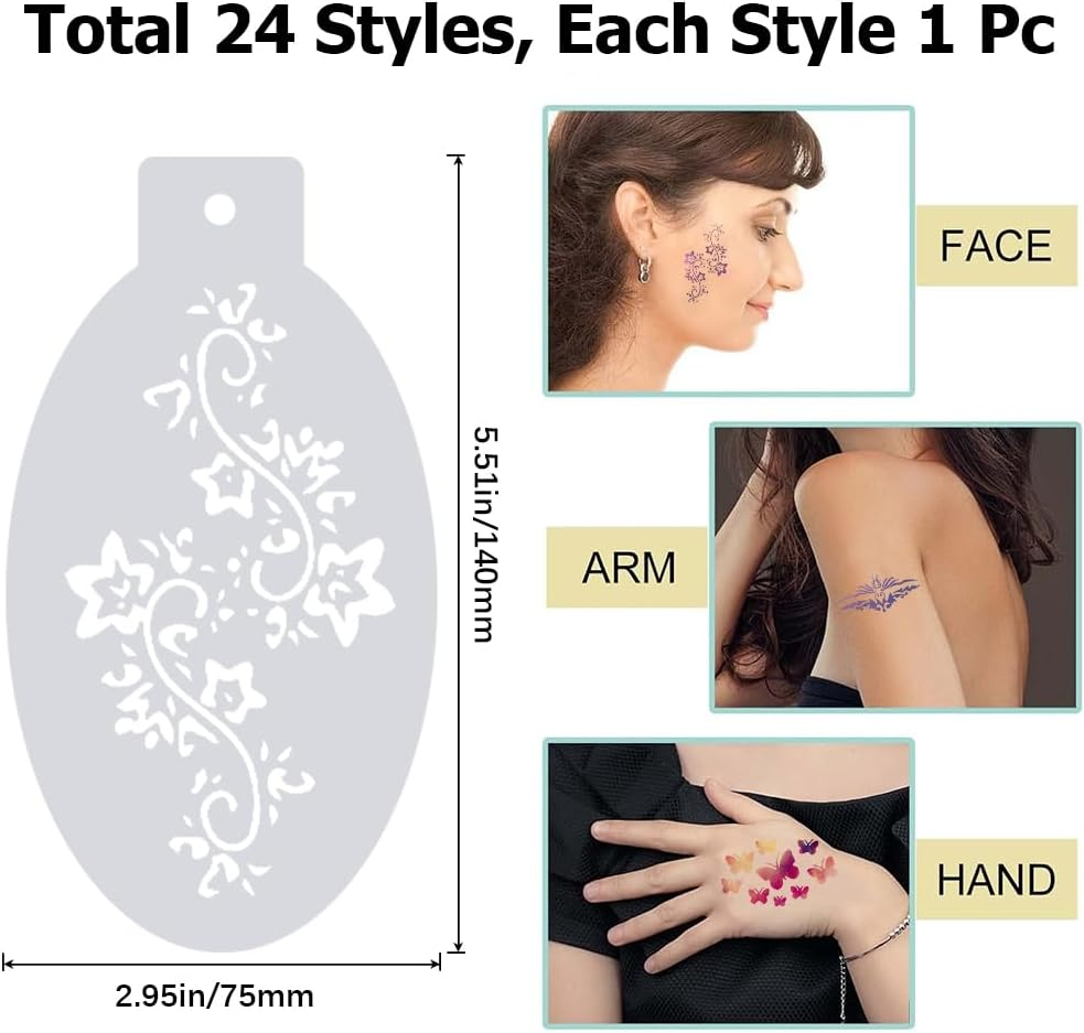 GORGECRAFT 24 Styles Reusable Face Paint Stencils Plastic Body Drawing Flower Snowflake Fish Star Tattoo Painting Makeup Temporary Tracing Body Template for Holiday Halloween Party Makeup Art Crafts image number 6