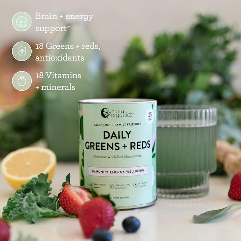 Nutra Organics Daily Greens + Reds Delicious Wholefood Multivitamin 150G | Organic Powder Superfood Supplement | for Energy, Immunity and Wellbeing (25 Serves)