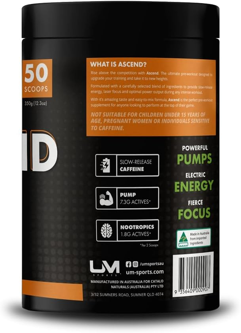 UM Sports Ascend Pre-Workout with Alpha GPC, Beta Alanine and Sustained Release Caffeine for Electric Energy, Focus and Pump - Preworkout Supplement Drink Men Women (Mango Nectar, 50 Serve) image number 3