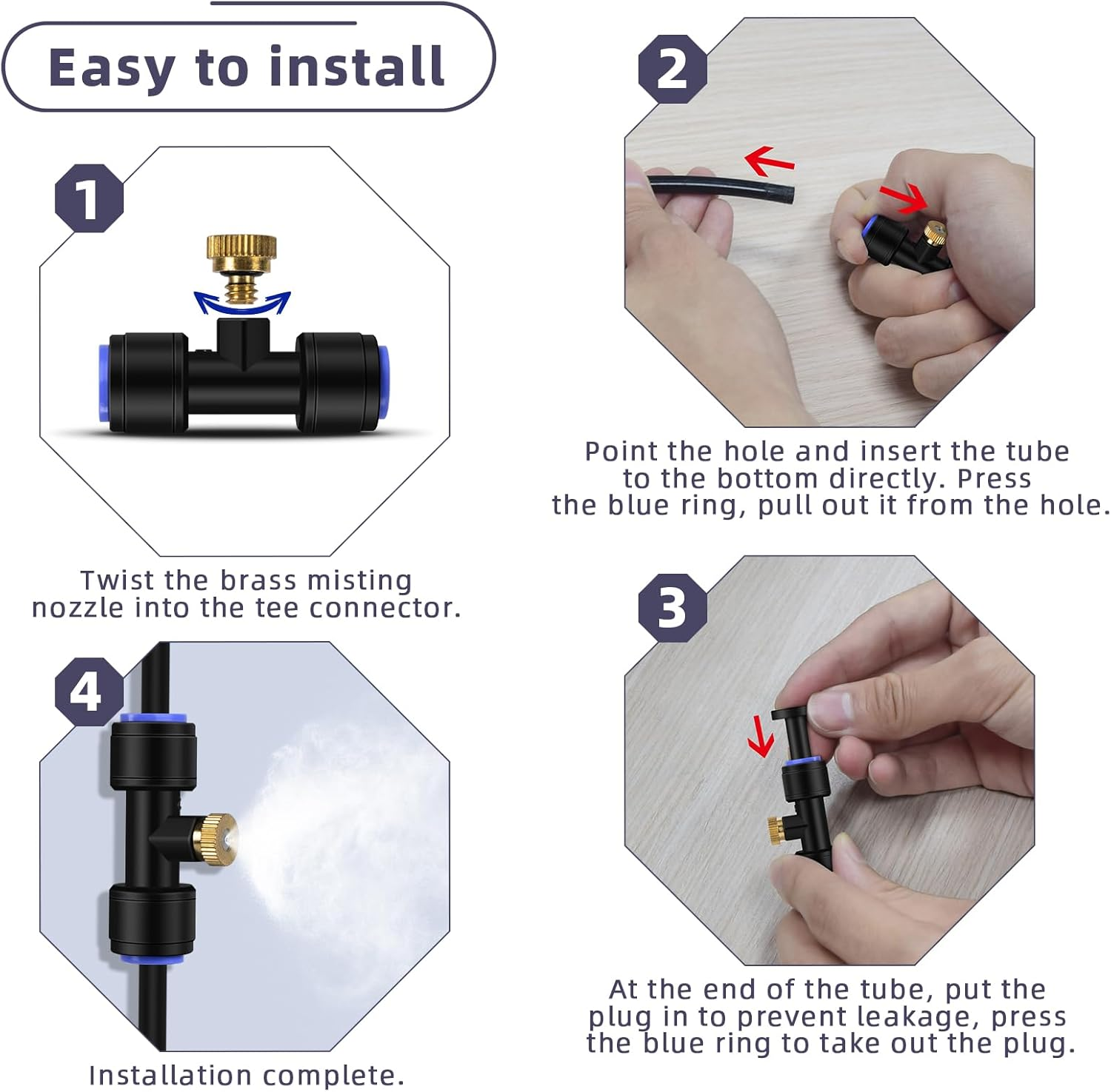 Lifeegrn Brass Misting Nozzle Kit, 12 Mister Nozzles + 8 Tee Connectors + 2 End Plugs for Outdoor Cooling Misting System image number 1