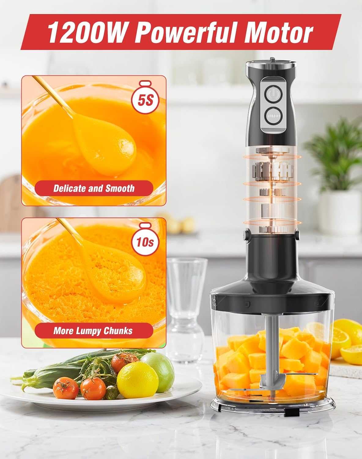 Hand Stick Blender - 1200W Immersion Handheld Blender Set, 5In1 Electric Blender Heavy Duty Motor with 6 Speed Handheld Mixer with 600Ml Mixing Beaker, 500Ml Chopper, Whisk and Milk Frother, Bpa-Free image number 5