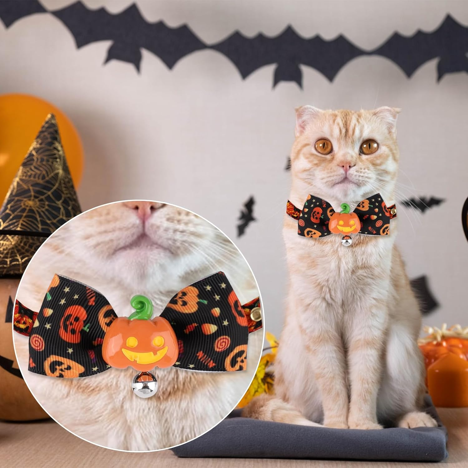 2Pcs Halloween Pet Collar, Cute Dog Collar Bowties Halloween Cat Collar with Bell Puppy Collar with Bow Tie Kitten Collar for Cats and Dogs(Pumpkins & Hooded Pumpkins)