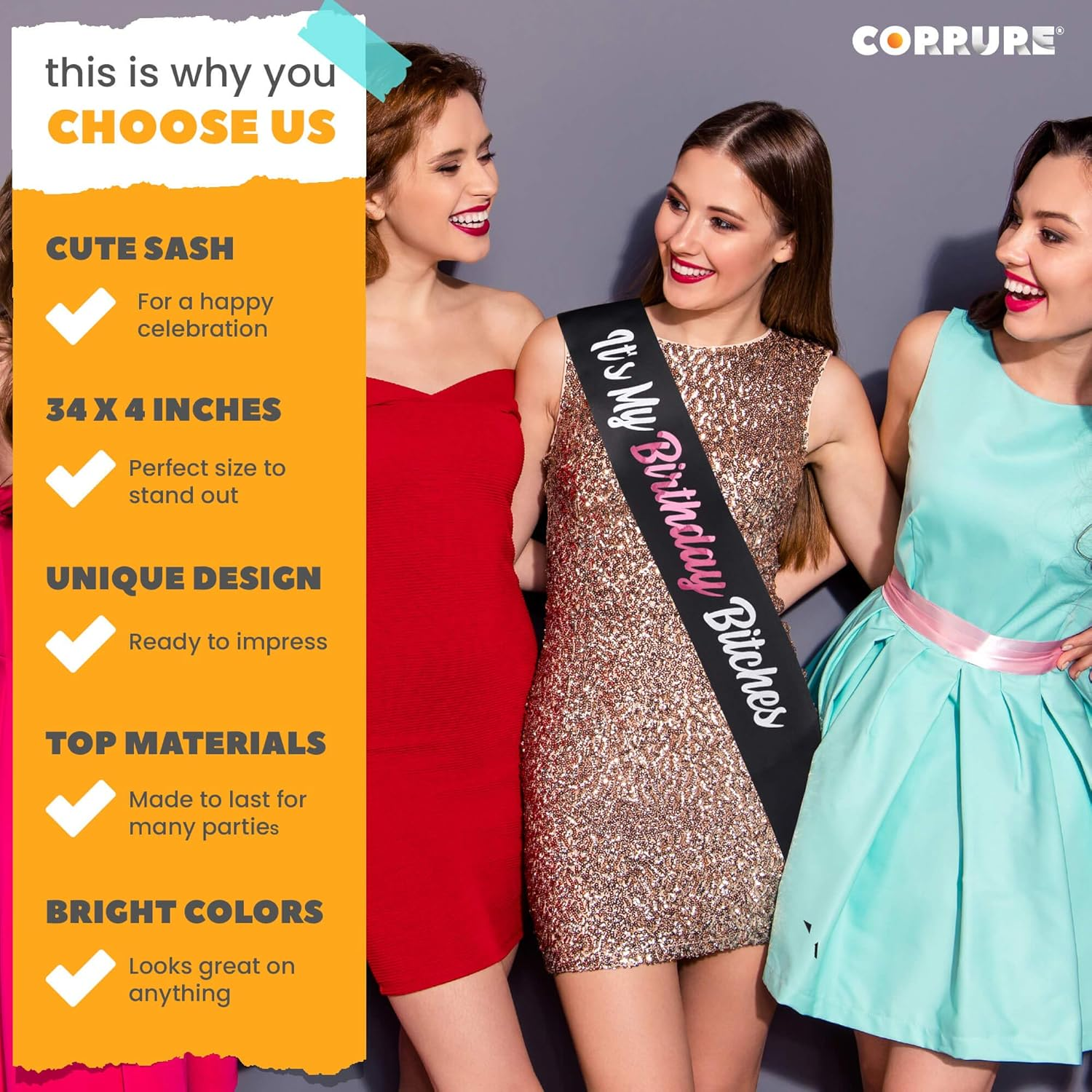 CORRURE 'It'S My Birthday Bitches' Birthday Sash with Pink Foil - Soft Black Satin Sash for Women and Men - Happy Birthday Sash for Girls, Sweet 16, 18Th 21St 25Th 30Th 40Th 50Th or Any Other Bday image number 6