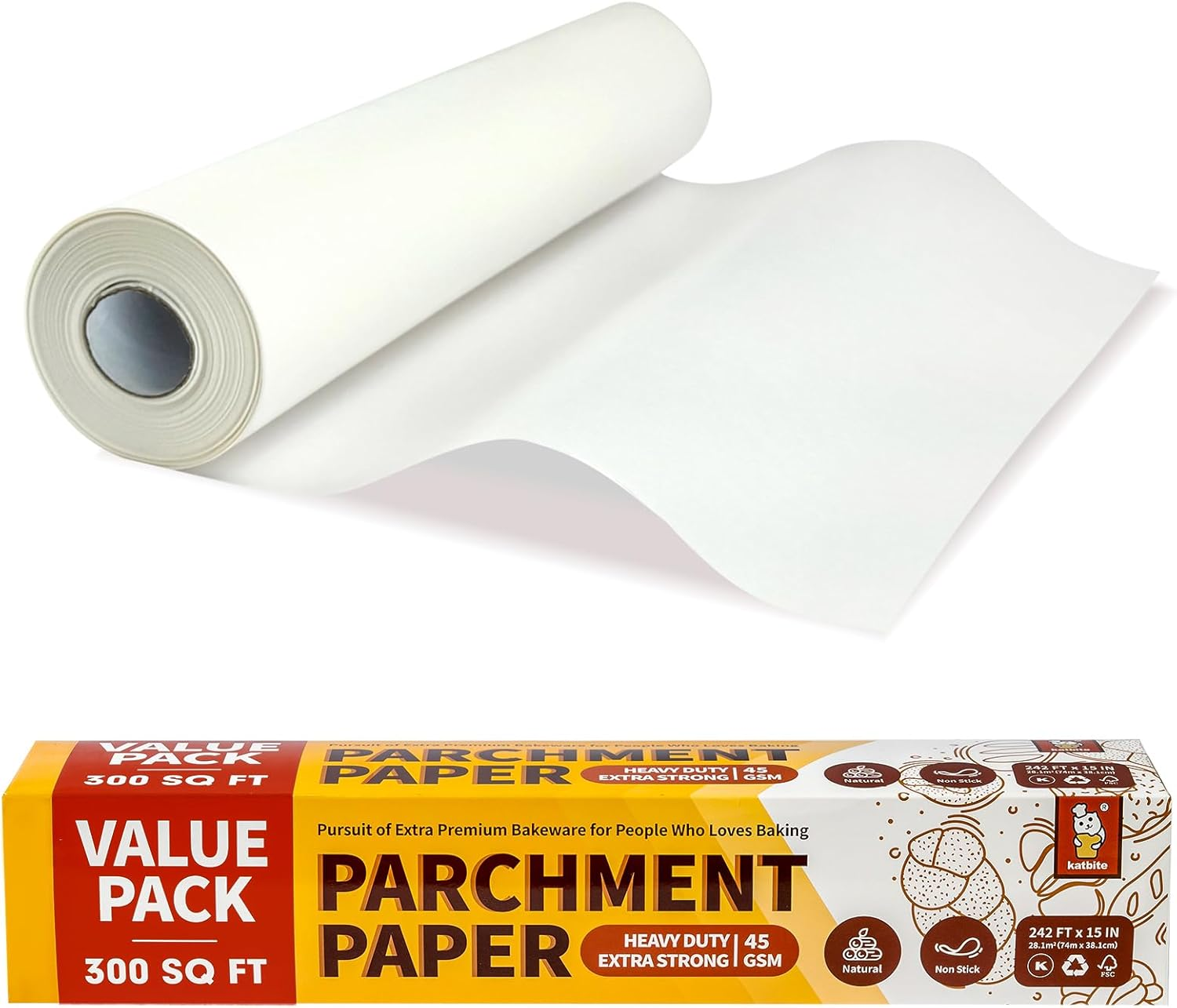 Katbite Baking Paper Roll 38Cm X 74M Heavy Duty Baking Paper Roll Non-Stick Baking Paper Roll for Baking, Cooking, Freezing, for Oven, Kitchen, Air Fryer